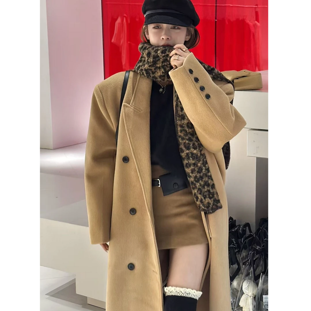 【YKL】曼哈顿夜黑色慵懒套头毛衣/卡其腰包毛呢短裙裤/卡其大衣