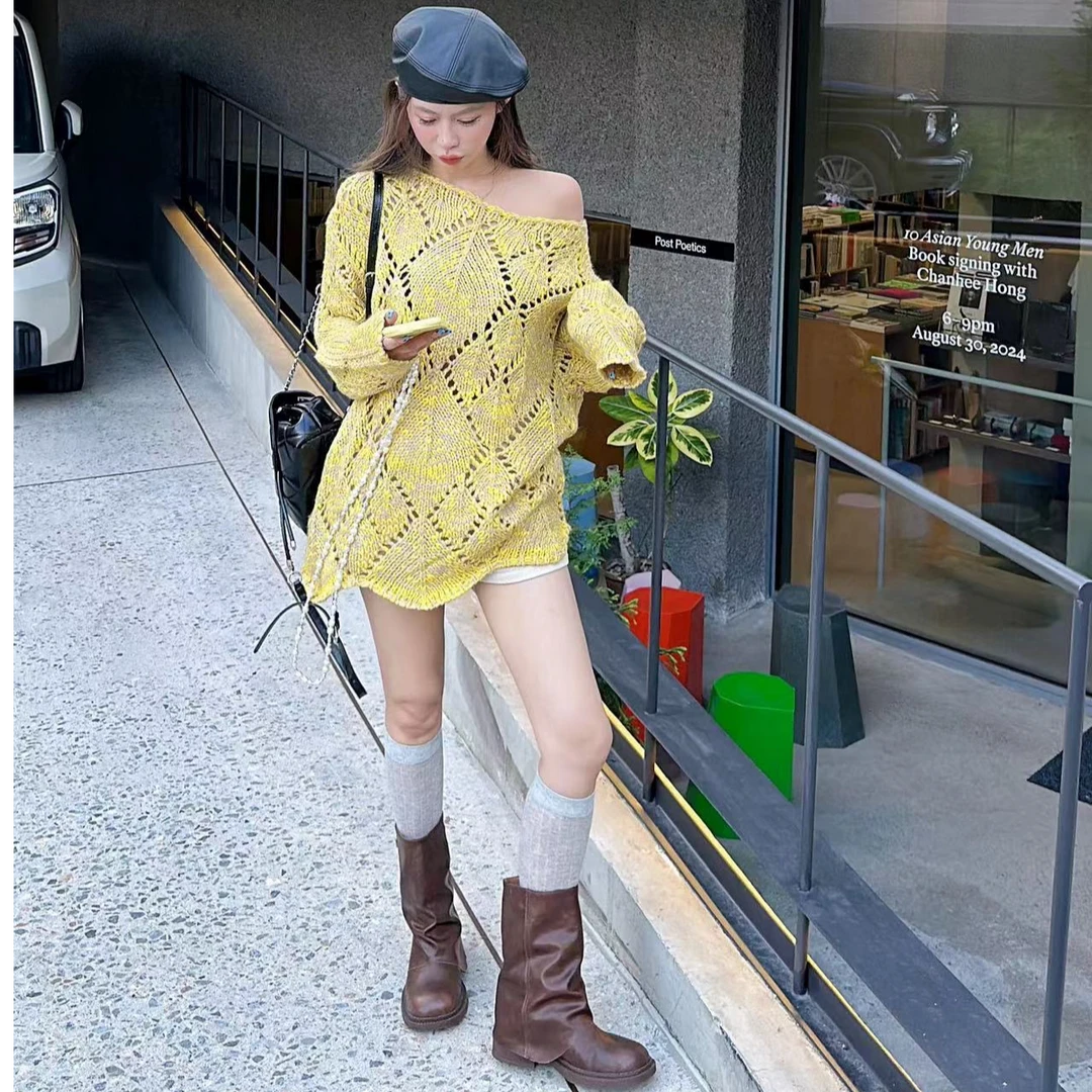 【YKL】多巴胺穿搭黄色杂线镂空毛衣/杏色灯芯绒短裤