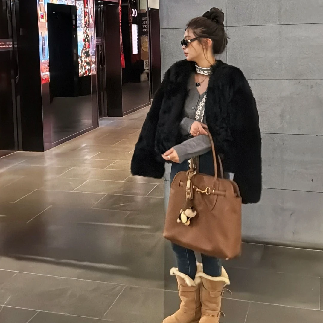 【YKL】富家灰蕾丝脖带毛衣开衫/深蓝四扣翻边小脚裤/黑富美卡卡