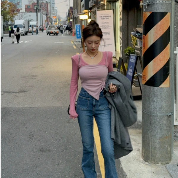 【YKL】甜美粉色侧抽绳吊带/粉色长袖上衣/双扣牛仔喇叭裤