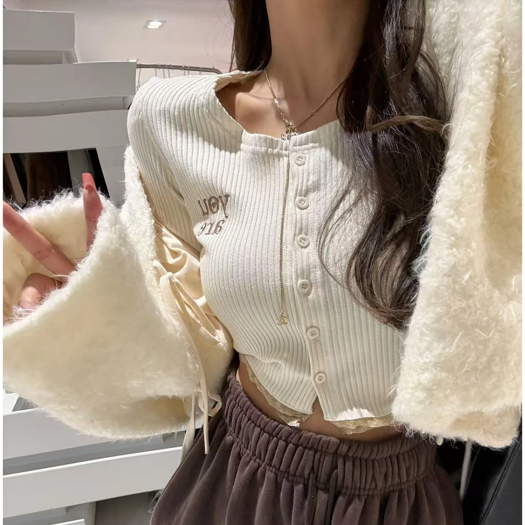 【YKL】温柔治愈米白侧字母上衣/咖收口卫裤/米白系带甜美嗲外套