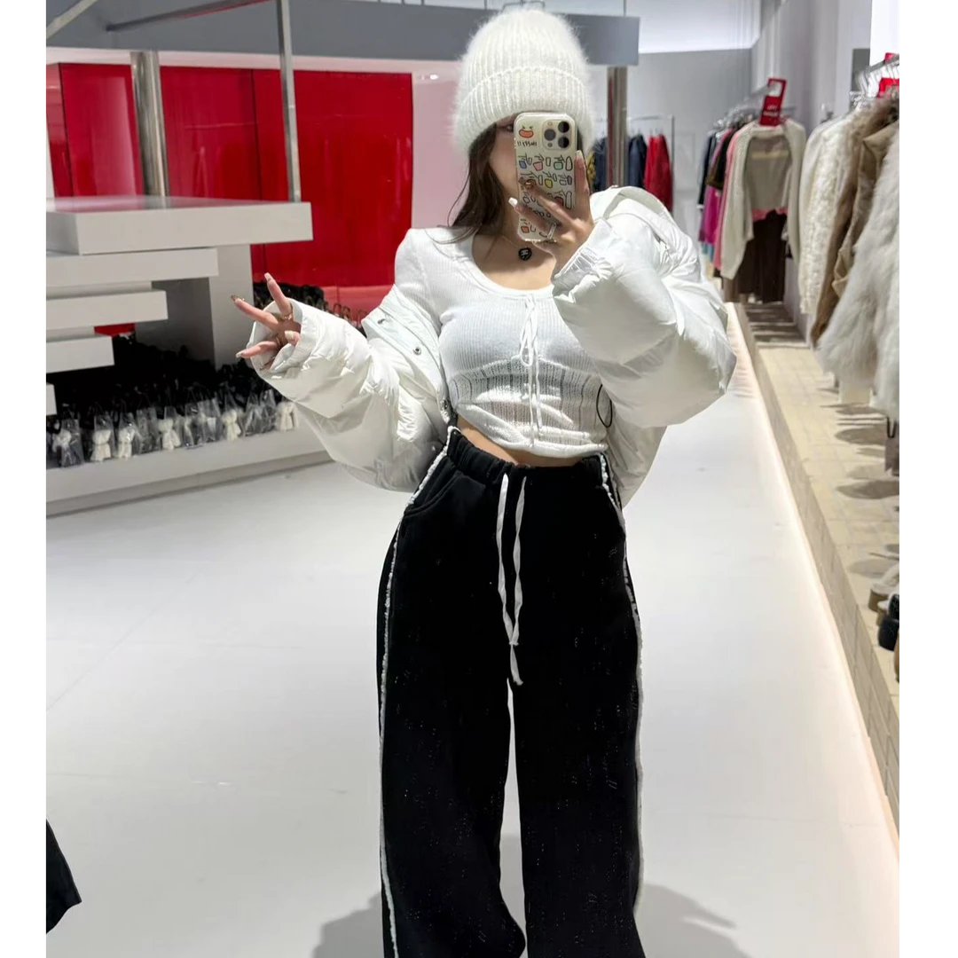 【YKL】白岛恋人白色纯欲辣妹打底/黑色边边直筒裤/韩系白短羽羽