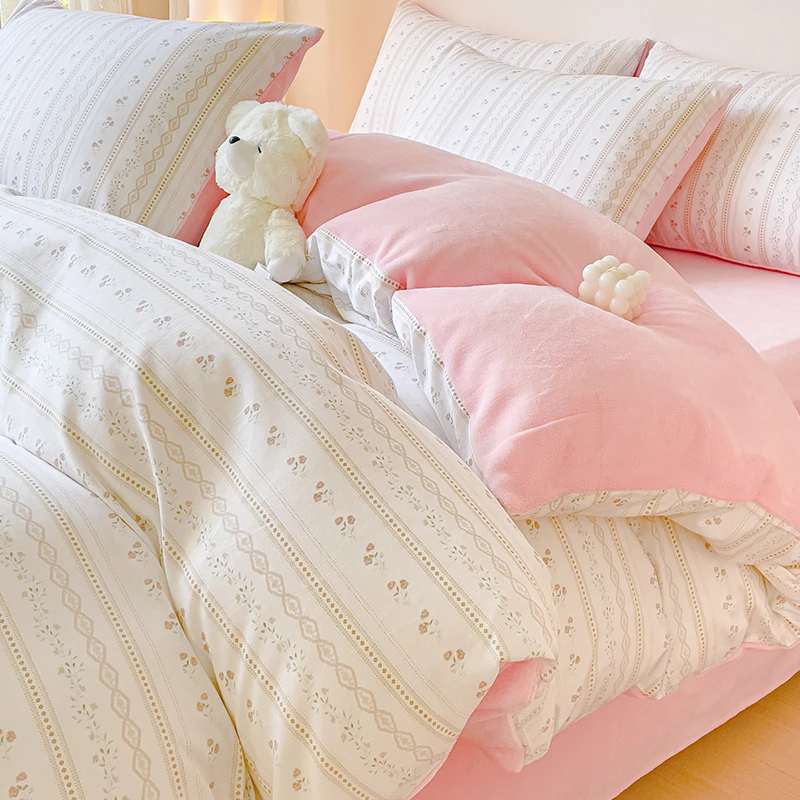 水星家纺适用牛奶绒四件套纯棉双面绒加厚床单被套床笠三件套床品