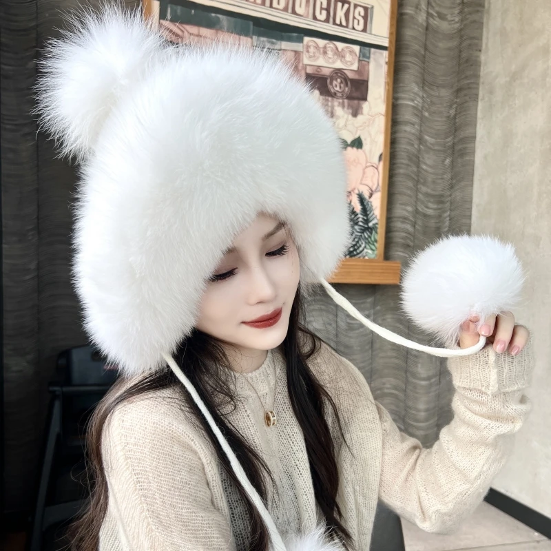冬季女款保暖针织护耳帽狐狸毛帽子加厚