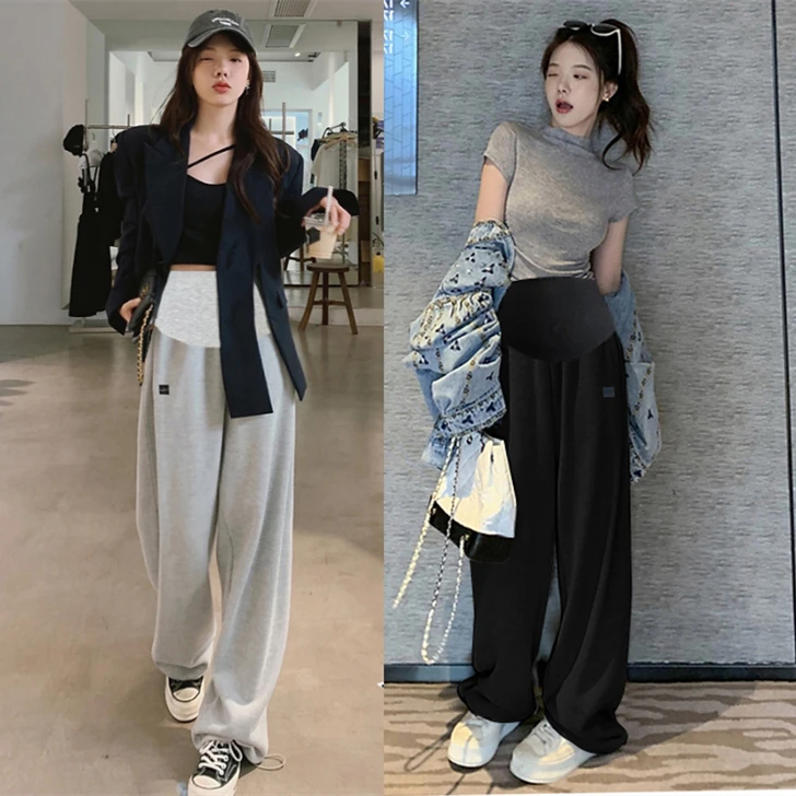 孕妇灰色运动裤春秋新款直筒两穿束脚休闲裤秋季加绒加厚宽松卫裤