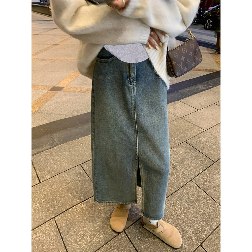 孕妇复古蓝牛仔开叉半身裙春秋外穿韩版中长款遮胯显瘦直筒托腹裙