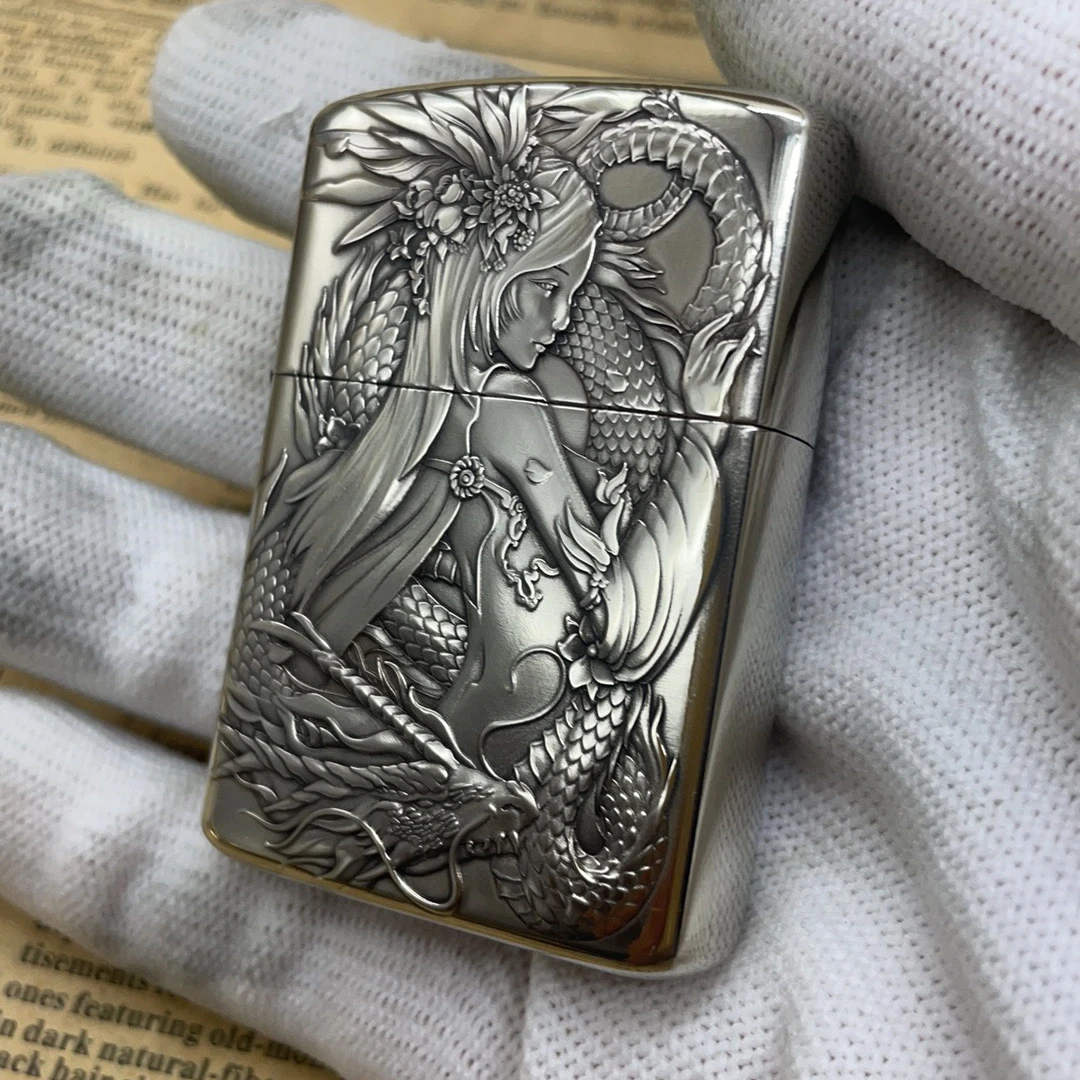 龙凤女白铜902s浮雕金色煤油打火机单面手工手雕立体浮雕打火机