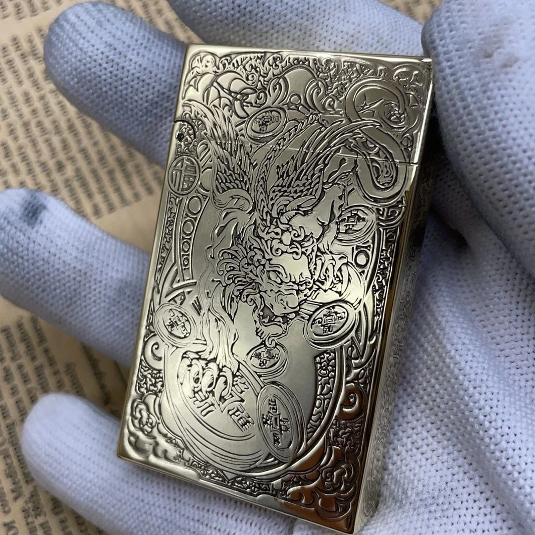 佐罗552朗声精雕细刻貔貅手工唐草花煤油打火机银色经典