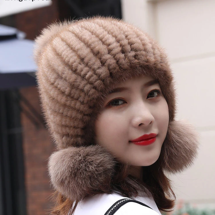 帽子女新款百搭冬季女水貂毛时尚潮流针织貂皮帽狐狸三球护耳保暖