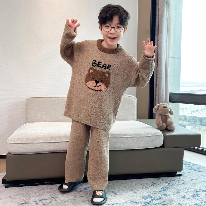 男童半边绒睡衣2024新款中大儿童家居服冬季男孩加绒加厚保暖套装