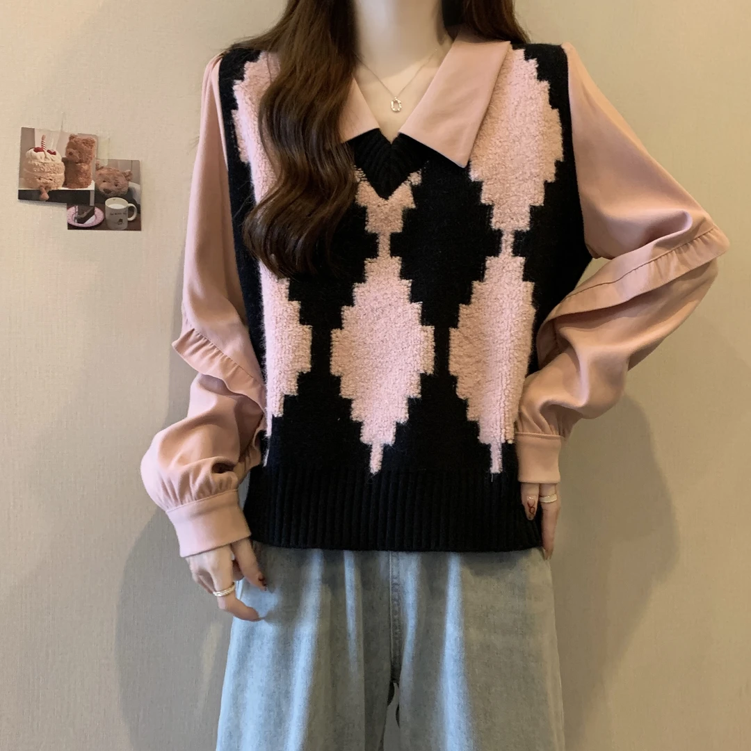 大码法式polo领假两件菱格毛衣女秋冬新款胖MM遮肚子长袖内搭上衣