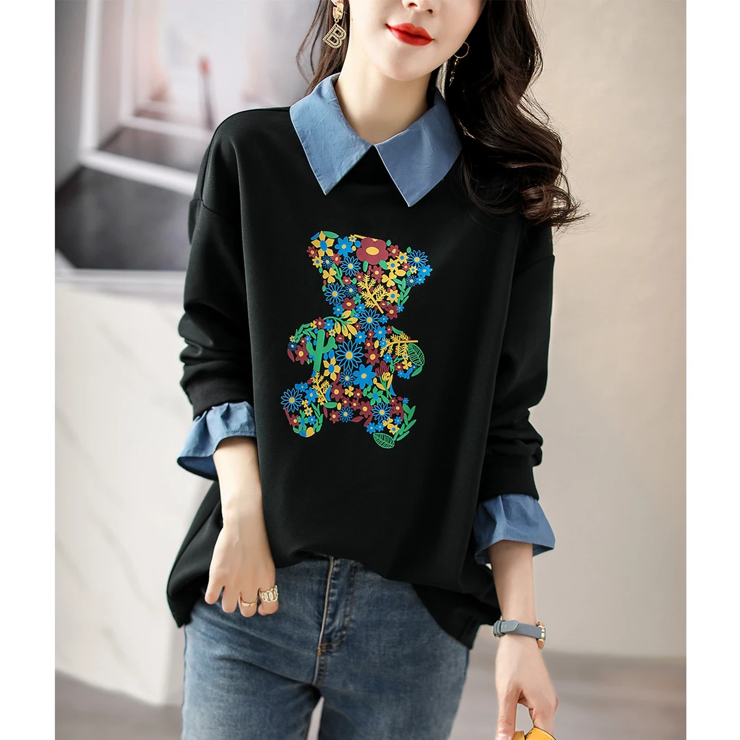 遮肚子印花休闲小熊卫衣女宽松秋装新款拼接牛仔翻领假两件外套