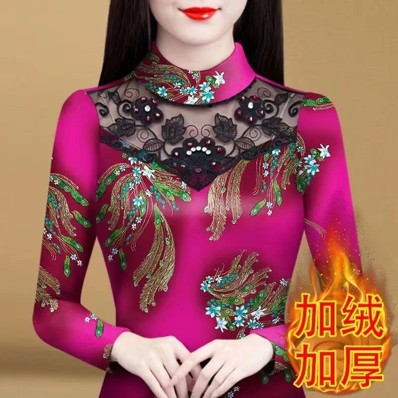 2023秋冬新款女士德绒印花蕾丝时尚百搭打底衫Y3673