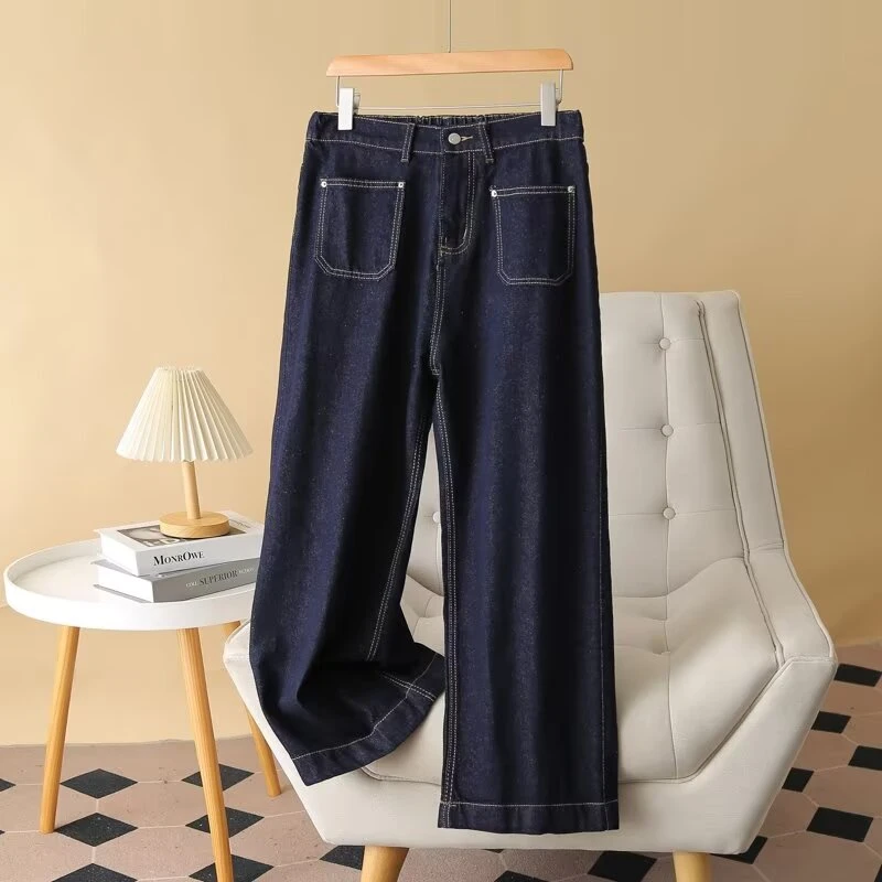 大码女装显瘦气质单色松紧腰百搭大码牛仔裤直筒阔腿裤