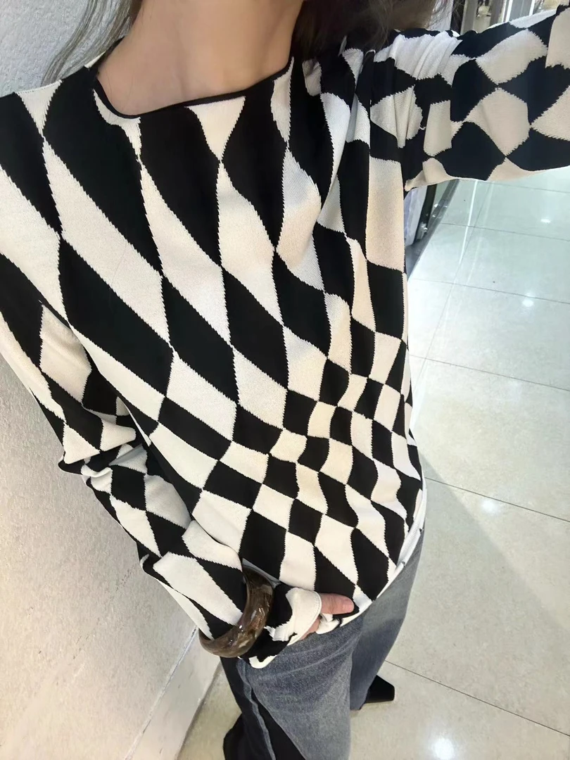 时髦气质菱格休闲韩版针织ins秋冬长袖圆领南油打底针织毛衣时尚