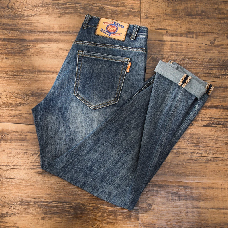 欧版大牛早秋季新款男士牛仔裤美式弹力舒适百搭修身直筒九分裤子