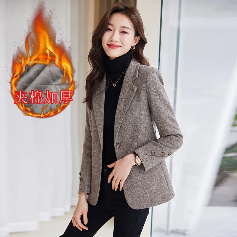 灰色毛呢西装外套女秋冬2023新款修身百搭气质小个子韩版西服8629