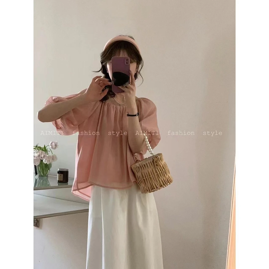 肉肉推荐 【白花蜜蜡】韩国东大门 夏款短袖短款气质小衫女带绑带