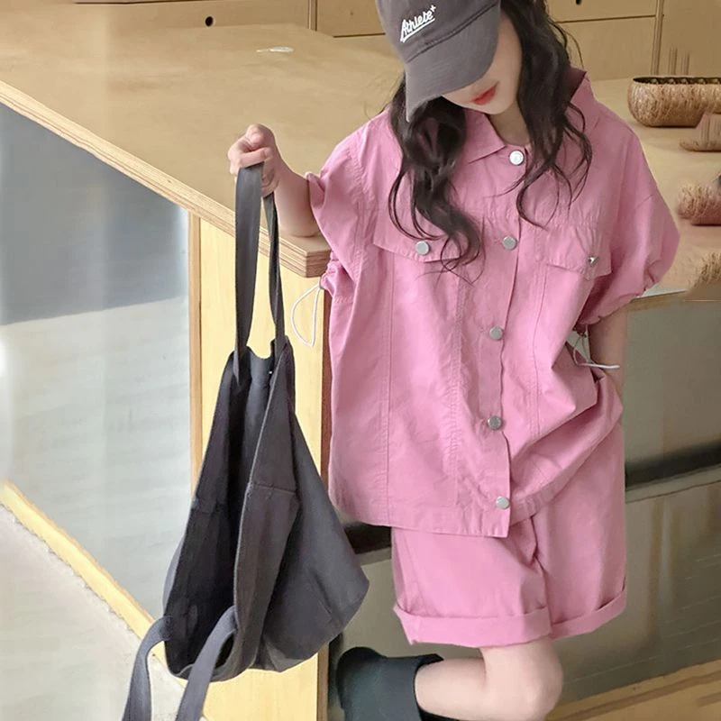 女童夏装套装2025中大童短袖短裤休闲两件套纯色学院风衣服夏季潮