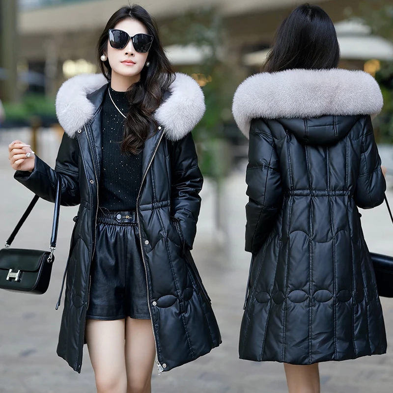 真狐狸毛领鹅绒服女中长款2024冬装新款海宁皮衣妈妈款加厚外套