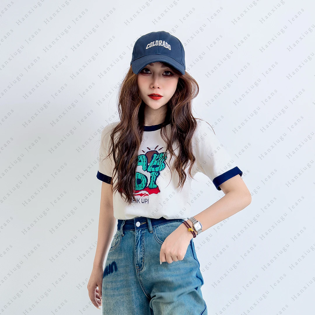 韩秀谷短袖印花T恤女圆领2024夏季新款修身休闲夏装显瘦上衣H514