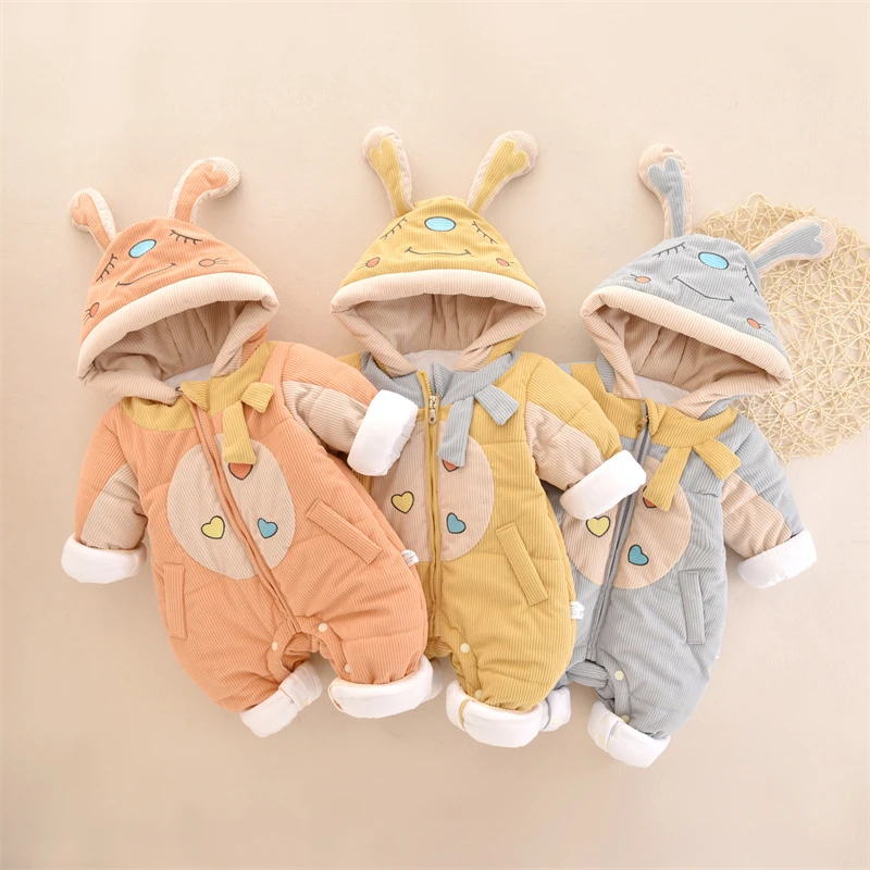 婴儿厚棉连体衣哈衣爬服冬季外出服条绒面料连体衣夹棉300克厚棉