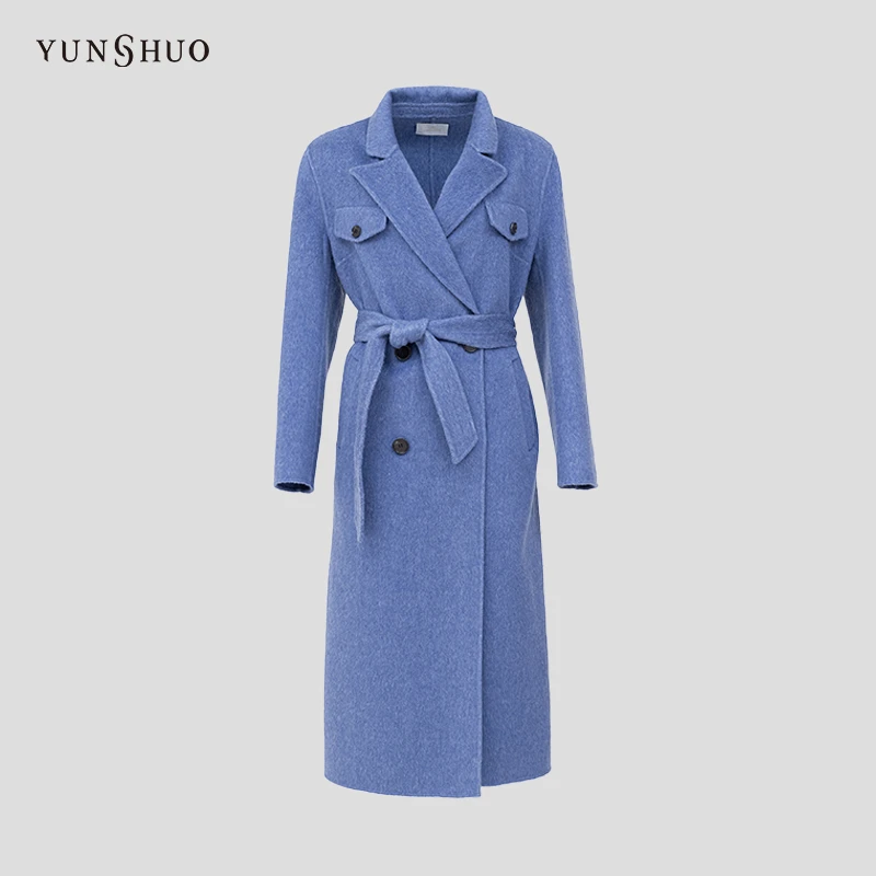 YUNSHUO长款毛呢大衣女秋冬季优雅西装领双面呢外套499133