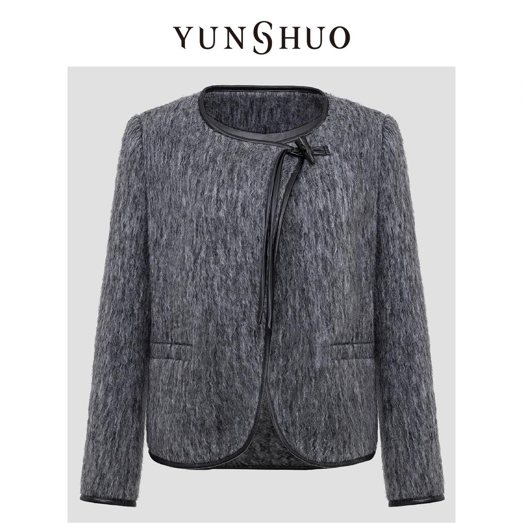 YUNSHUO允硕时尚百搭气质灰色正肩简约显瘦轻奢短款大衣495023