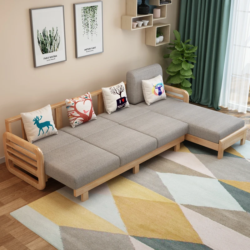 小马特全实木沙发组合小户型工厂直销转角三两用人位原木沙发拉床