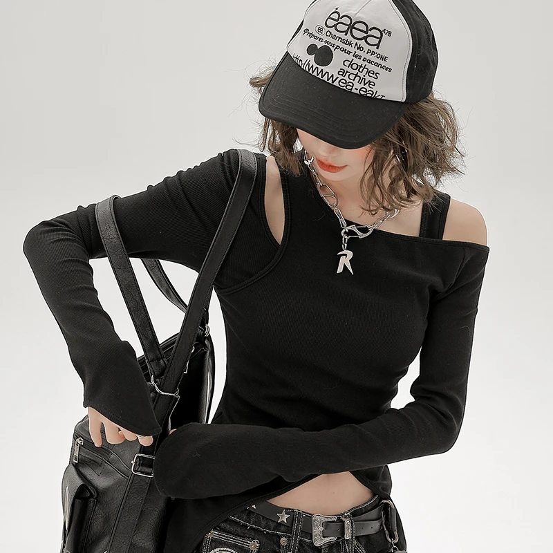 Girlyhalo美式辣妹长袖t恤女2024新款一字肩露锁骨修身短袖女t恤