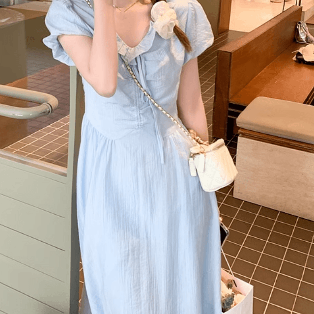 GirlyHalo温婉可人韩版V领短袖长裙女夏季蓝色百搭高腰显瘦连衣裙