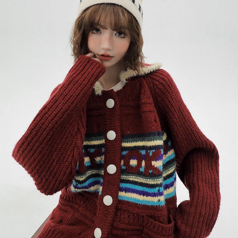 9270 Girlyhalo美式复古毛衣开衫女2024春季条纹提花重工针织外套