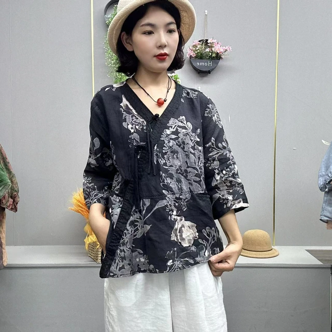 夏季新款 复古时尚显瘦气质炒色数码印花斜襟盘扣苎麻上衣女-1888