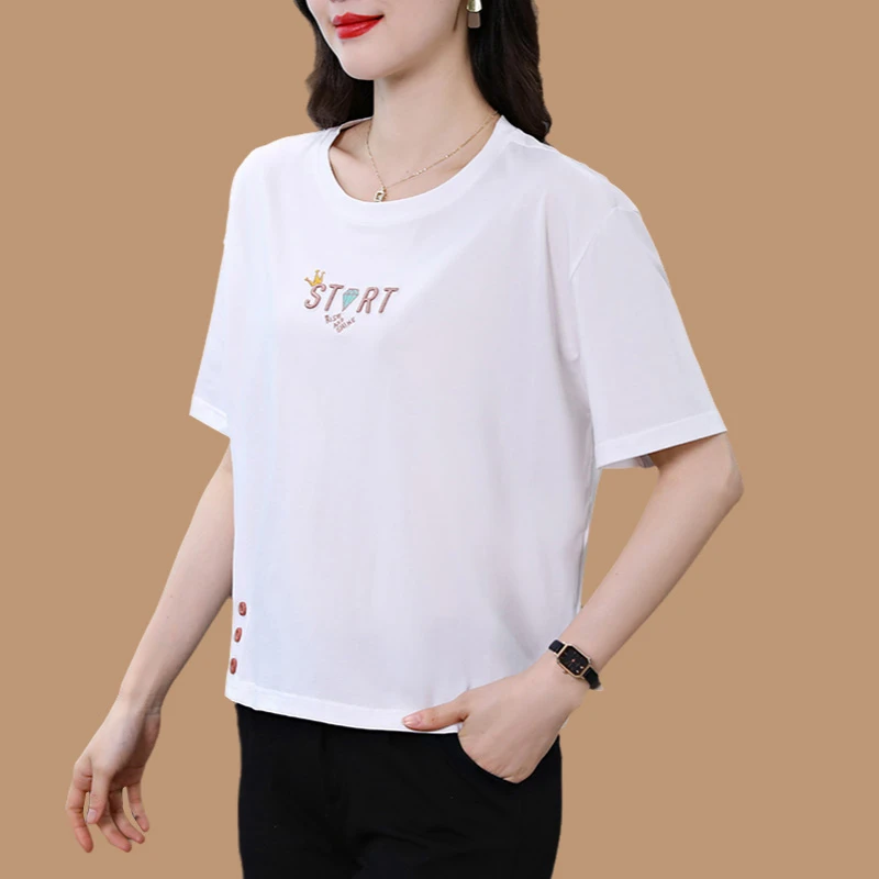 莫代尔棉短袖t恤女胖mm宽松大码中年妈妈遮肚显瘦半袖短款白上衣T