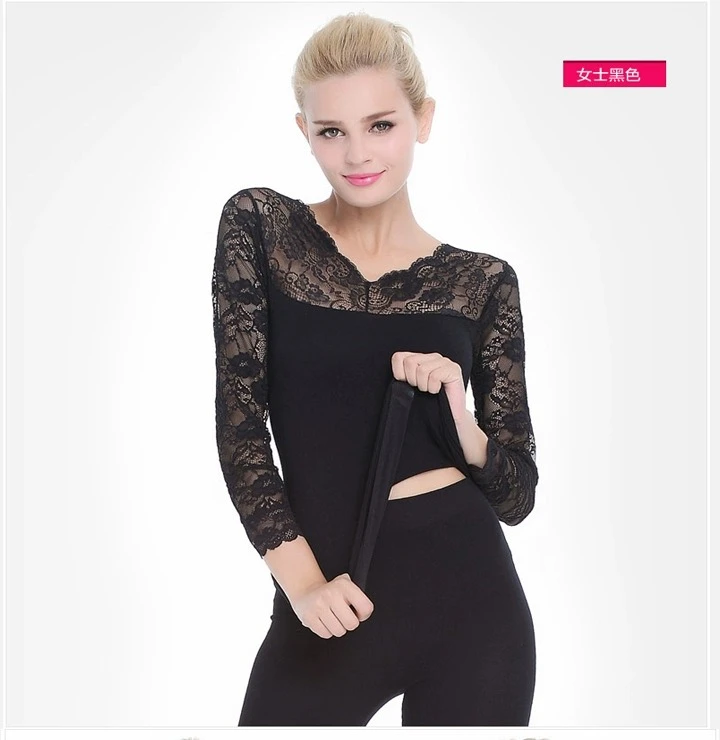 【薄款一套】保暖内衣女士蕾丝小个子秋衣秋裤打底冬款保暖紧身