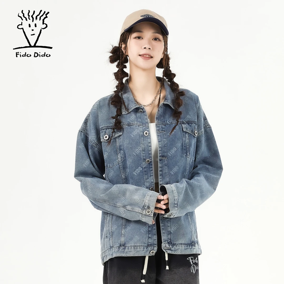 FIDO DIDO潮牌休闲牛仔翻领长袖衬衫男女同款FDCCA0034HJ