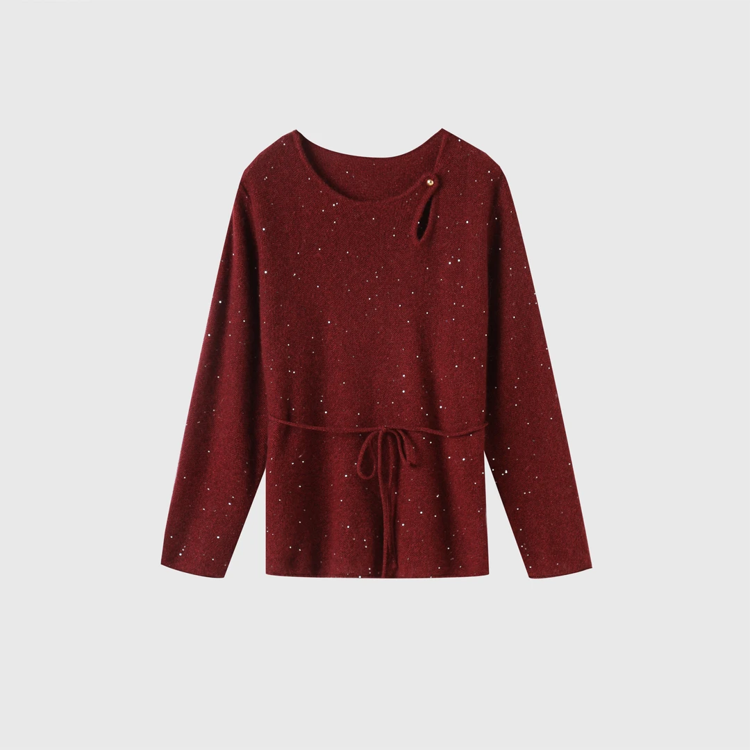 2024秋季欧货女装慵懒轻奢系带收腰圆领长袖针织衫