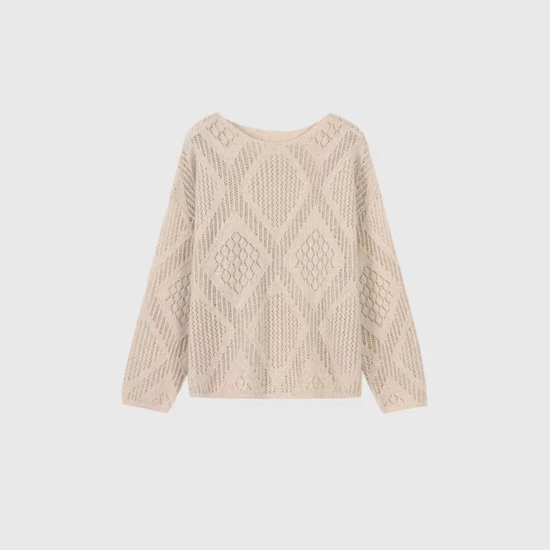 2024新款时尚微镂空进口金银丝竹片一字领休闲套头衫