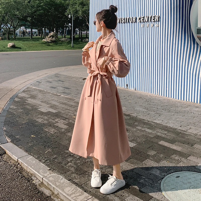 粉色风衣外套女中长款春秋2023新款韩版宽松减龄休闲西装气质大衣