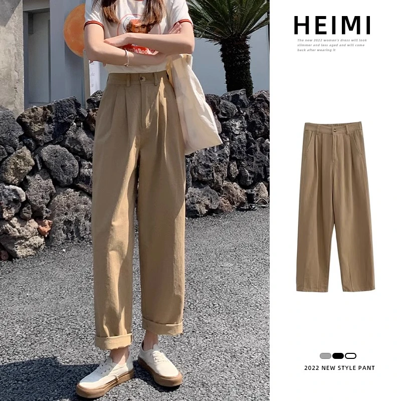 卡其色棉麻工装阔腿裤女夏季薄款高腰显瘦宽松休闲直筒老爹长裤子