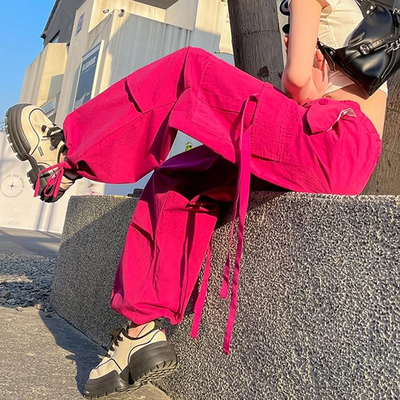 美式街头复古抽绳工装裤女春季玫红色宽松显瘦束脚飘带阔腿休闲裤