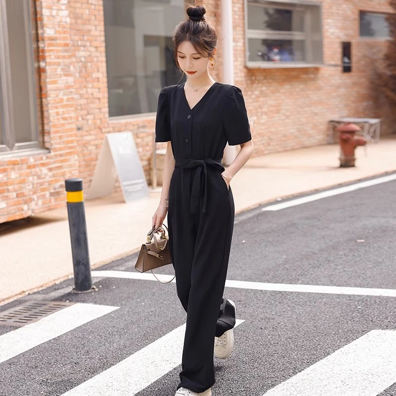 高级感短袖西装连体裤女2023夏季新款收腰显瘦气质休闲拖地阔腿裤