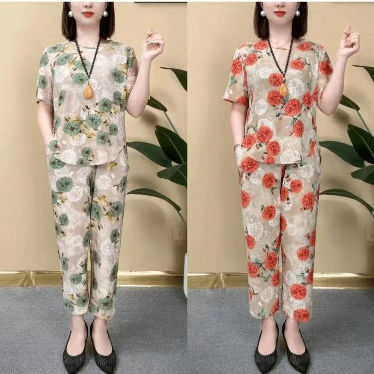 高档中老年女夏季大码套装妈妈装时尚洋气显瘦薄款上衣裤子俩件套