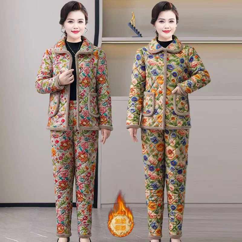 冬季新款2024中年加厚女款套装加绒棉袄时尚妈妈棉衣碎花保暖棉服
