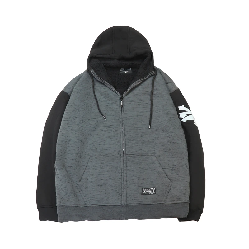 美潮带帽加绒卫衣男加肥加大码300斤胖子秋冬拼接保暖拉链衫外套