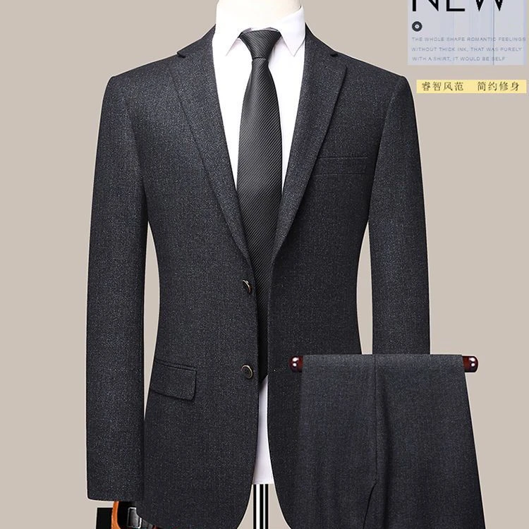 秋冬厚款套装中年男士西服商务休闲正装爸爸父亲婚礼服西装两件套