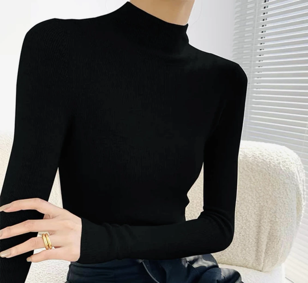【烟悟】天衣无缝打底修身针织衫时尚百搭长袖针织衫黑色纯色秋冬