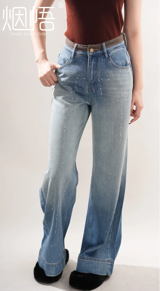 烟悟国风直筒牛仔裤