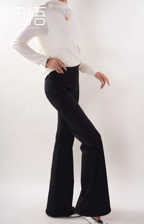 烟悟加绒弹力喇叭裤高腰修身显瘦