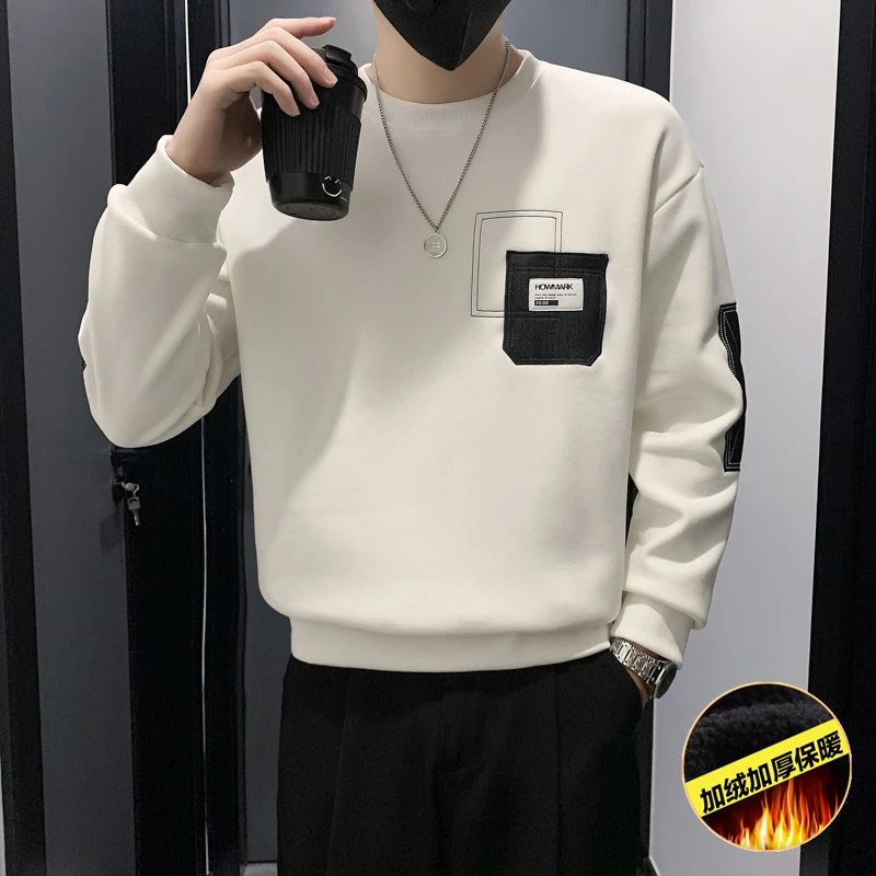 圆领t恤男长袖春秋款休闲拼色男生长袖卫衣潮流痞帅男装打底上衣